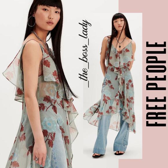 Free People dress or maxi top floral sheer slip ruffled strappy slit boho Medium - Picture 3 of 10